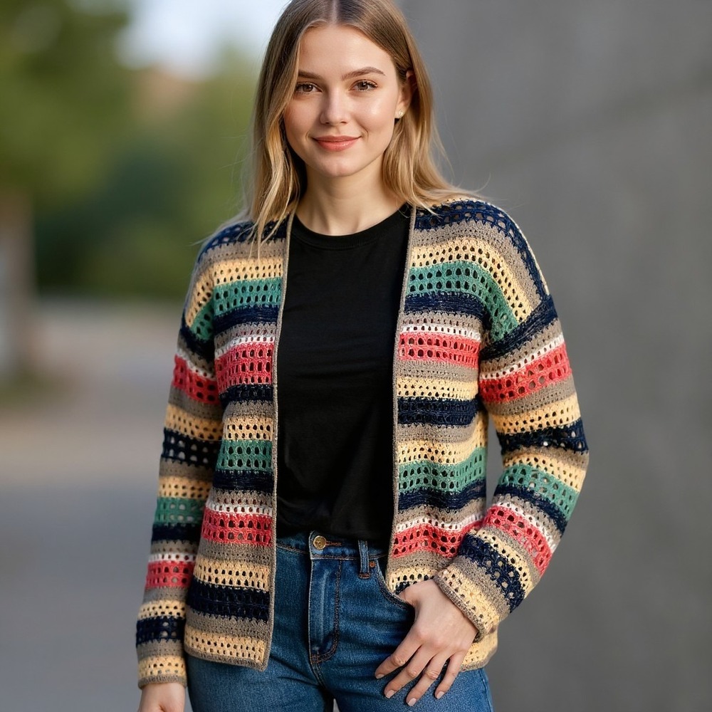 AproductZ GmbH Cardigan Women 12 Colorful Striped Crochet Pointelle Open Front